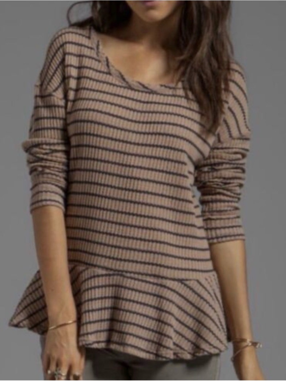#190 WE THE FREE Tan & Blue Auntie Em Striped Peplum Thermal Knit Top M